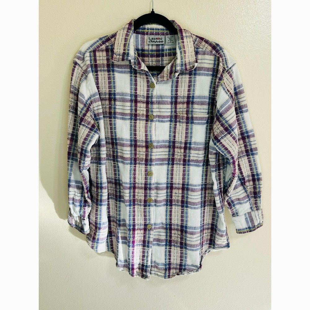 Lemon Grass Women's Rough Woven Plaid Plus Size Cotton Top, Size 1X